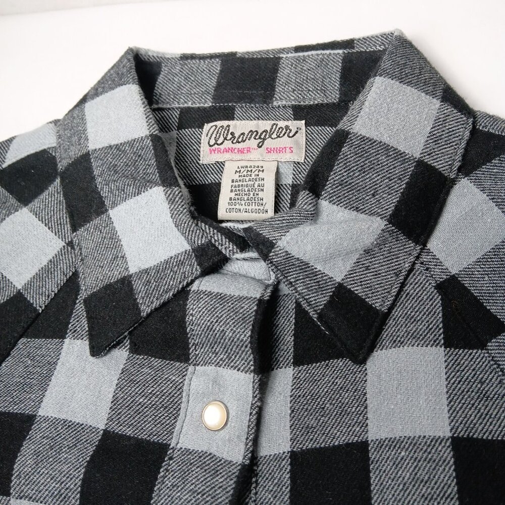 Wrangler Wrancher Shirt Women M Flannel Black Gray Plaid Pearl Snap New Western - Picture 8 of 14